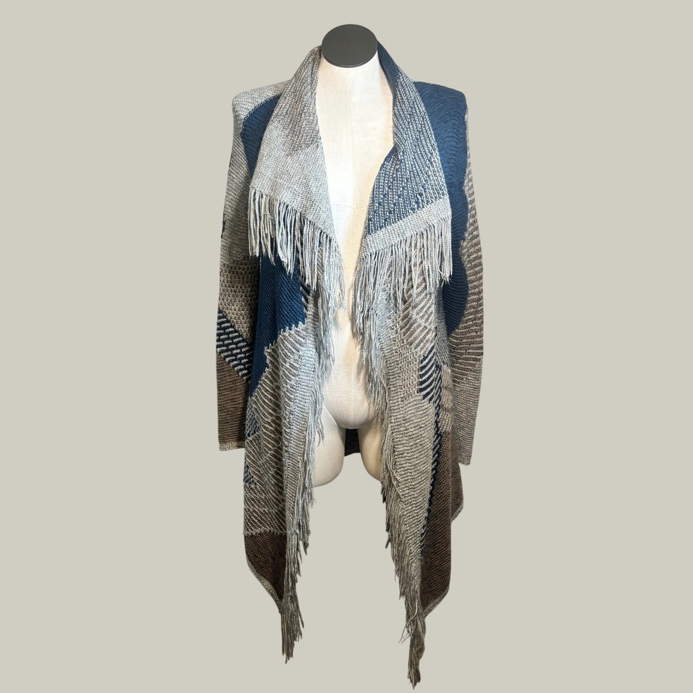 Cato Women Knit Cardigan S Blue Fringe Patchwork Open Front Draped Boho Layering